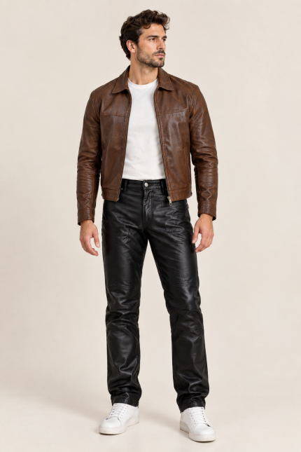 Biker Black Men Leather Pants front side