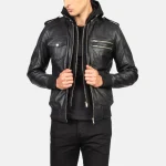Black Leather Bomber Jacket Hooded