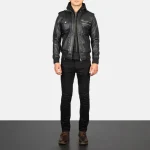 Black Leather Bomber Jacket Hooded full view