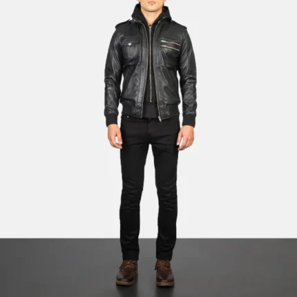 Black Leather Bomber Jacket Hooded full view