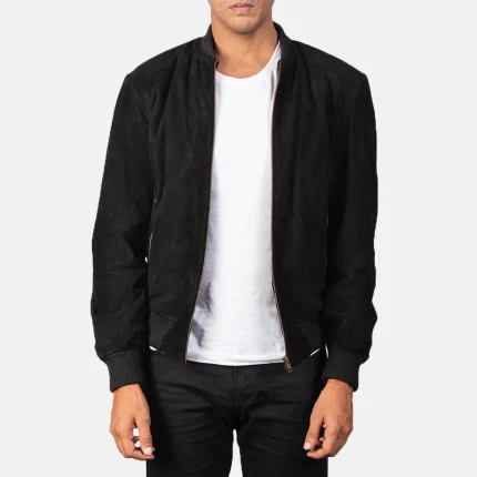 Black Leather Bomber Jacket Suede