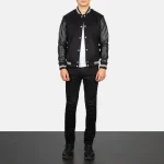 Black Leather Bomber Jacket Varsity full view