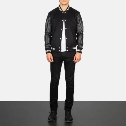 Black Leather Bomber Jacket Varsity full view
