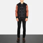 Brown Leather Bomber Jacket Varsity full view