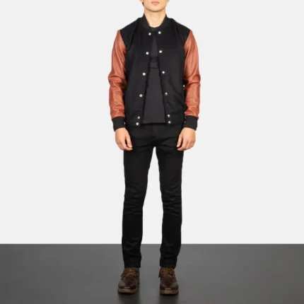 Brown Leather Bomber Jacket Varsity full view