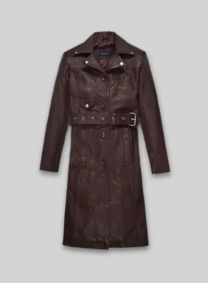Burgundy Long Leather Coat Women
