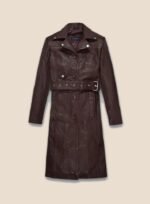 Burgundy Long Leather Coat Women - Front