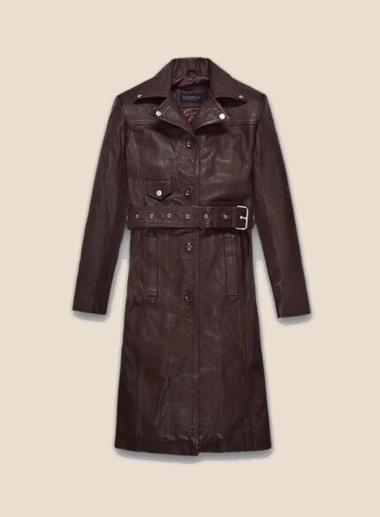 Burgundy Long Leather Coat Women - Front
