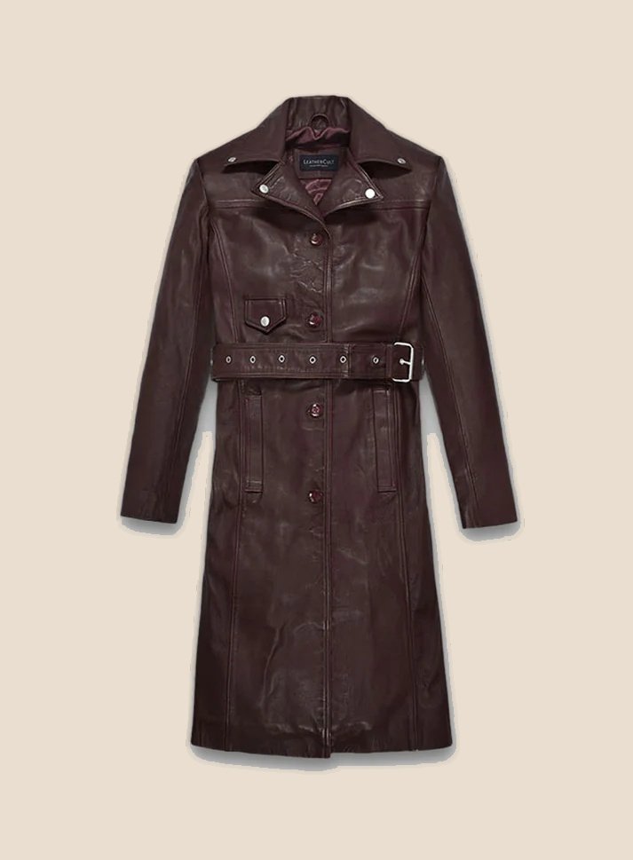 Burgundy Long Leather Coat Women - Front Burgundy Long Leather Coat Women - Front