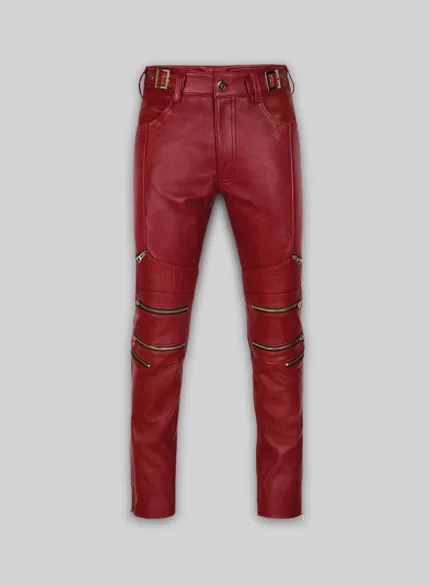 Cherry Red Men Leather Pants