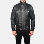 Leather Bomber Jacket Black Beige