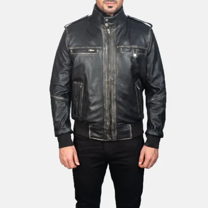 Leather Bomber Jacket Black Beige