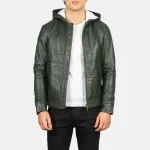 Leather Bomber Jacket Green Hooded