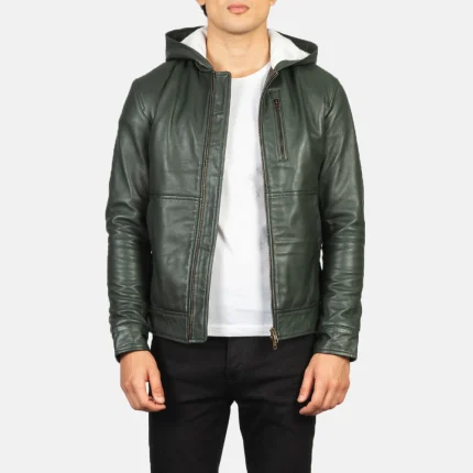 Leather Bomber Jacket Green Hooded