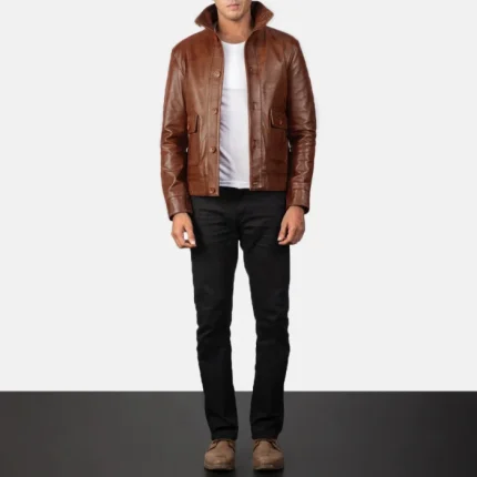 Leather Bomber Jacket Maroon Shane full view