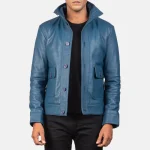 Leather Bomber Jacket Men Blue