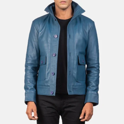 Leather Bomber Jacket Men Blue