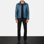 Leather Bomber Jacket Men Blue full view