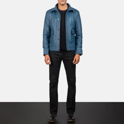 Leather Bomber Jacket Men Blue full view