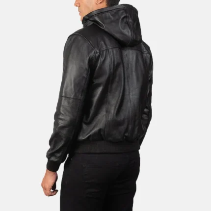 Leather Bomber Jacket Mens Hooded back side