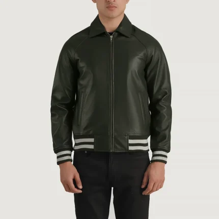 Leather Bomber Jacket Varsity Green