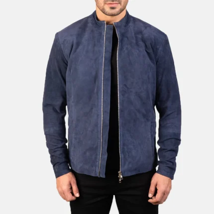 Best Charcoal Navy Blue Suede Biker Jacket