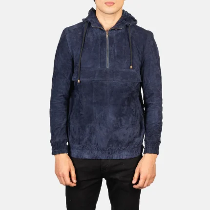 Kenton Hooded Blue Men's Suede Pullover Jacket