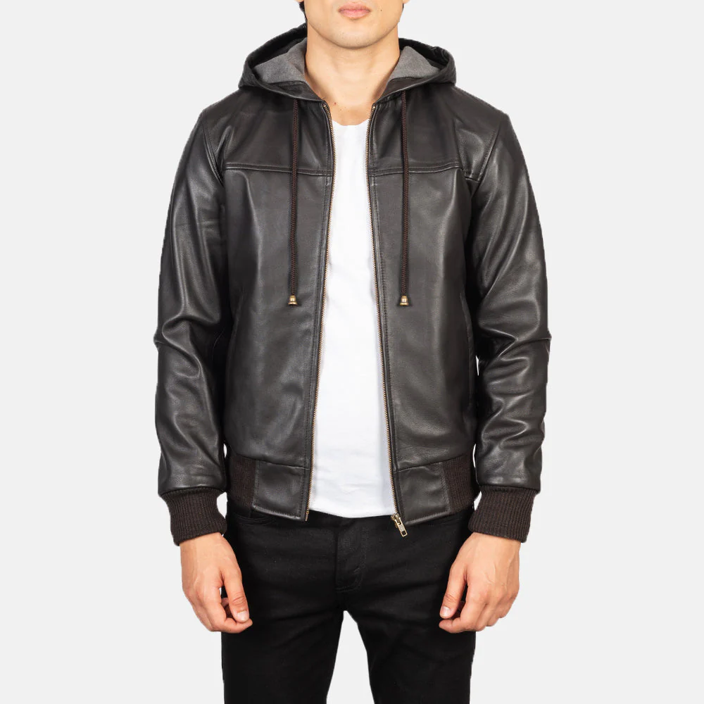 Mens Bomber Leather jacket Hooded