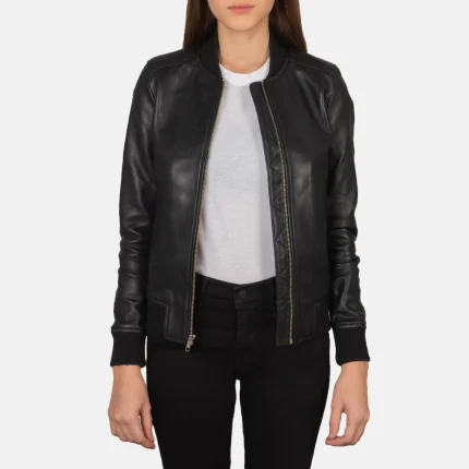 Women Black Leather Bomber Jacket