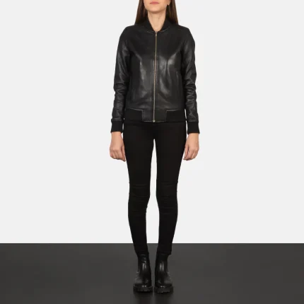 Women Black Leather Bomber Jacket