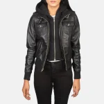 Black Hooded Leather Bomber Jacket