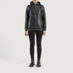 Black Hooded Leather Bomber Jackets full view
