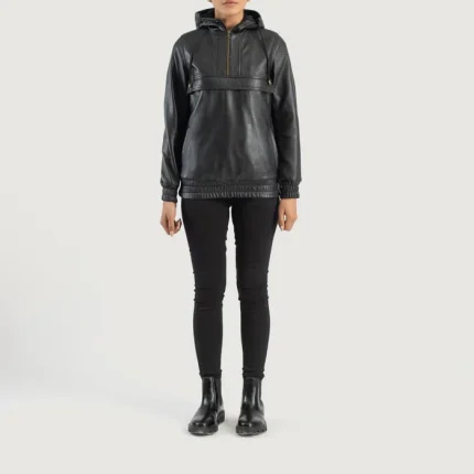 Black Hooded Leather Bomber Jackets full view