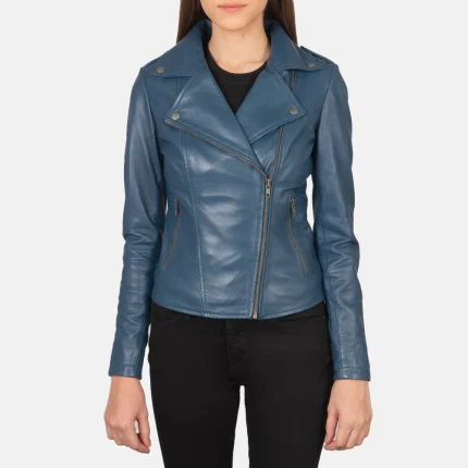 Blue Women Leather Biker Jacket