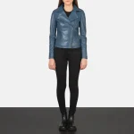 Blue Women Leather Biker Jacket full view