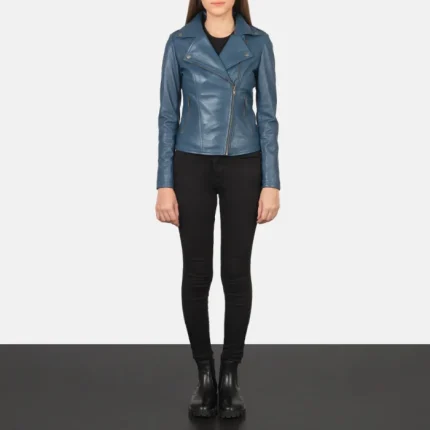 Blue Women Leather Biker Jacket full view