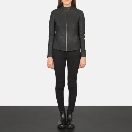 Kelsee Distressed Black Leather Biker Jacket