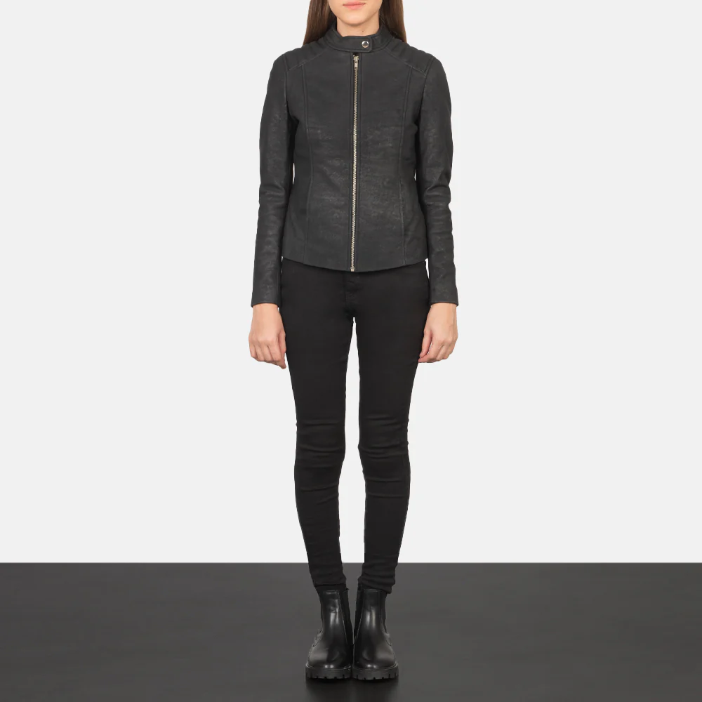 Kelsee Distressed Black Leather Biker Jacket front