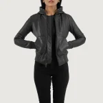 Luna Black Hooded Leather Bomber Jacket front