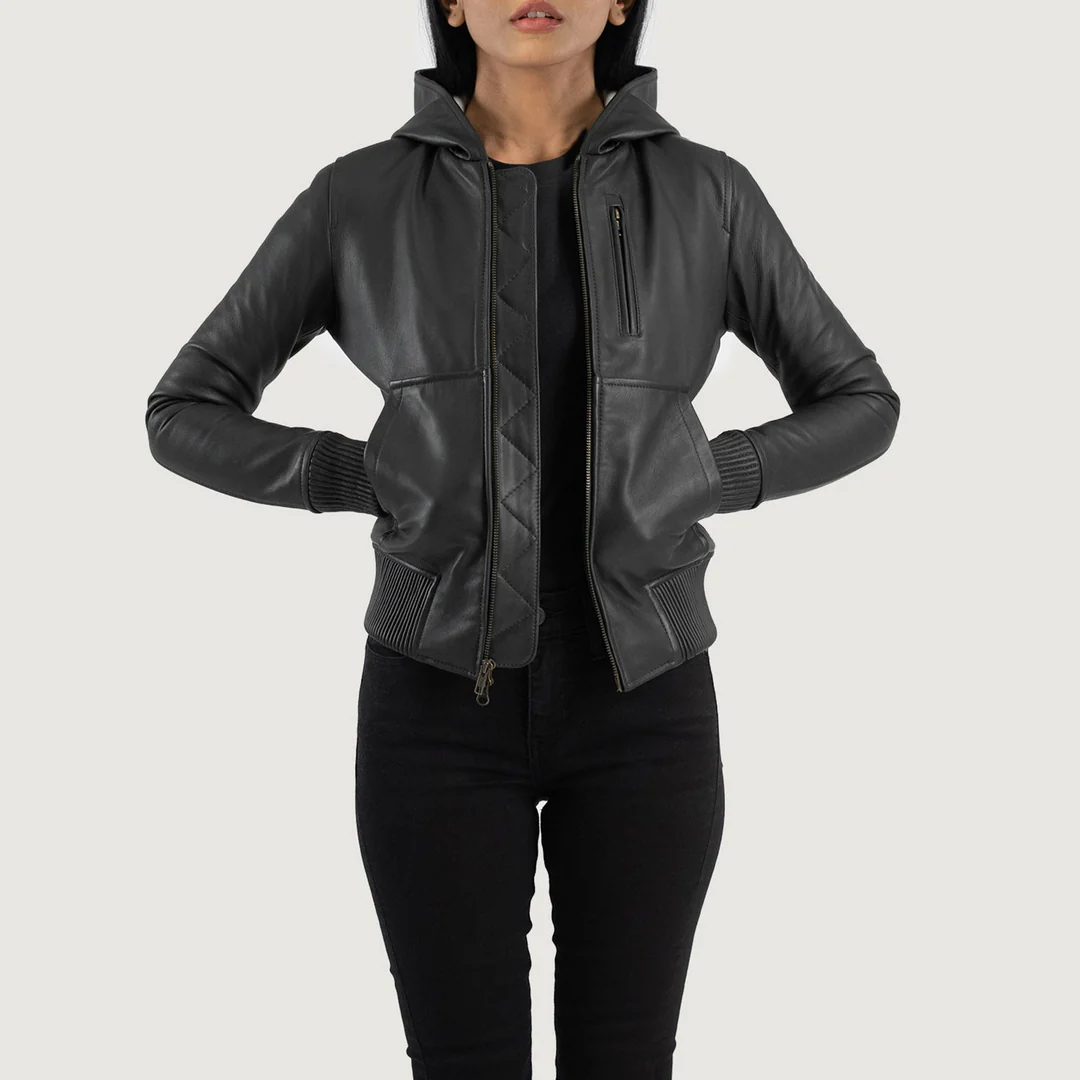 Luna Black Hooded Leather Bomber Jacket front Luna Black Hooded Leather Bomber Jacket front