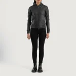 Luna Black Hooded Leather Bomber Jacket full