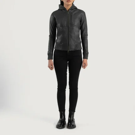 Luna Black Hooded Leather Bomber Jacket full