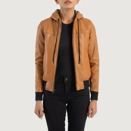 Mustard Hooded Leather Bomber Jacket
