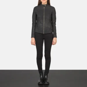 Kelsee Distressed Black Leather Biker Jacket