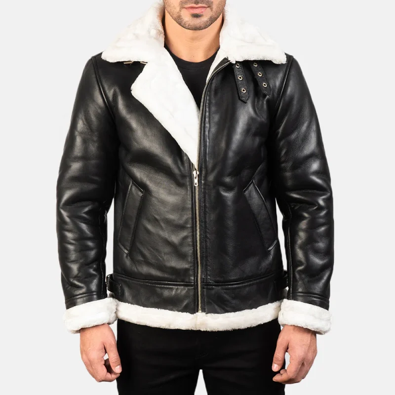 Mens Black & White Leather bomber jacket with fur 