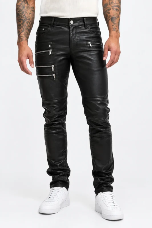 Black Calfskin Leather Pants for Men