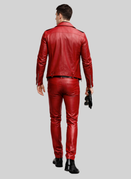 Classic Red Men Leather Pants back side