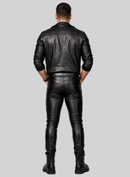 Skinny Black Men Leather Pants back side