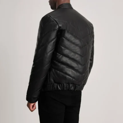 Mens Leather Jackets Black Puffer back side