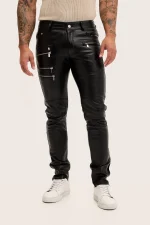 Black Calfskin Leather Pants Men